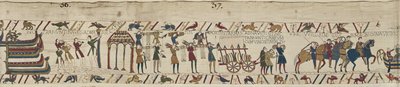 Normans Carrying Arms to the Ships and Pulling a Cart Loaded with Wine and Arms, Bayeux Tapestry by Unbekannt Unbekannt